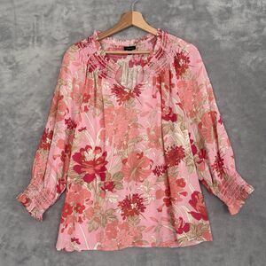 Talbots Blouse Womens Medium Pink Floral Chiffon 3/4 Sleeve Split Neck